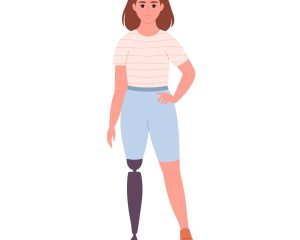 Disabled young woman with prosthetic leg. Female character with a physical disability. Vector illustration.
